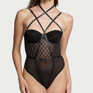 Victoria's Secret Plus Size Lingerie XXL Monogram Bodysuit Faux Black Leather